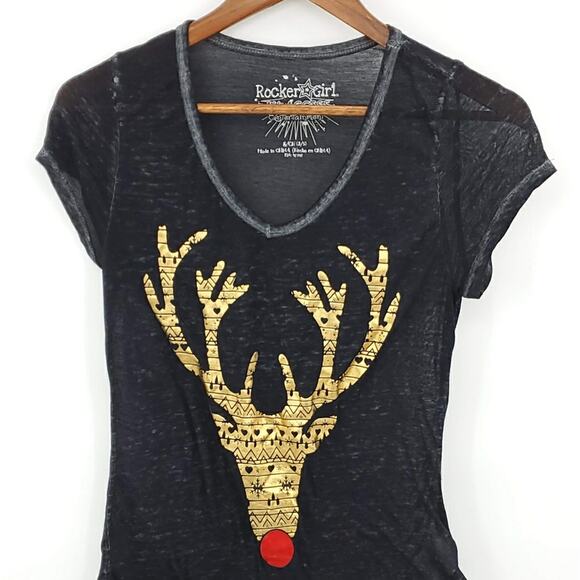 Rocker Girl Gold Reindeer Burn Out T Shirt Red Nose Small 3/5 Youth - Picture 1 of 6